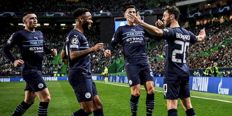 Skuat Manchester City merayakan pesta gol mereka di kandang Sporting CP/UEFA