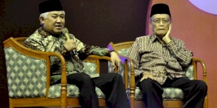 Mantan Ketua Umum Pimpinan Pusat Muhammadiyah Din Syamsuddin dan Buya Syafii Maarif/Net