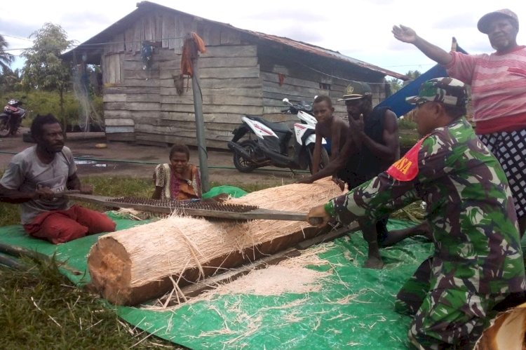 Anggota Babinsa saat membantu masyrakat lokal memangkur sagu/ Humas K