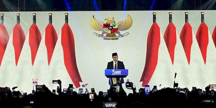 Anies Rasyid Baswedan pidato politik di Tenis Indoor Senayan, Minggu (7/5)/RMOL