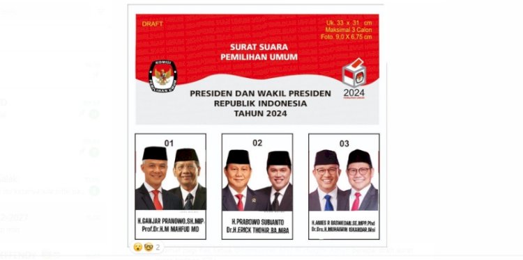 Gambar desain surat suara Pilpres 2024 dengan tiga pasangan calon presiden dan wakil presiden yang beredar di media sosial/Rep