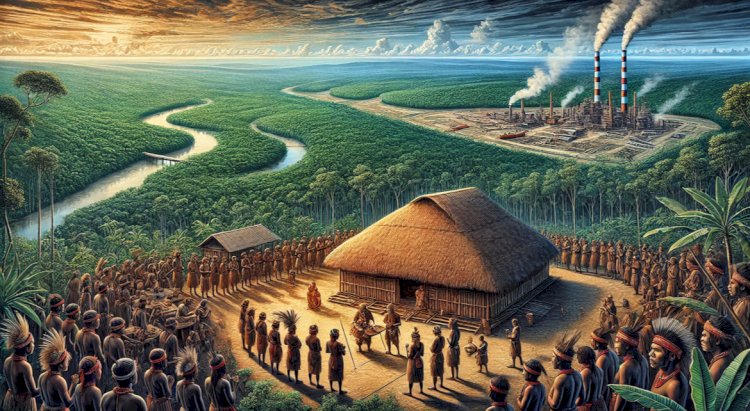Ilustrasi menggambarkan komunitas adat Marind di hutan Papua yang hidup harmonis dengan alam, namun menghadapi ancaman perkembangan industri di kejauhan.
