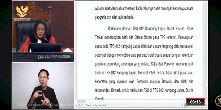 Tangkapan layar pembacaan putusan Mahkamah Konstitusi terkait Pilkada Jayapura 2024/Repro