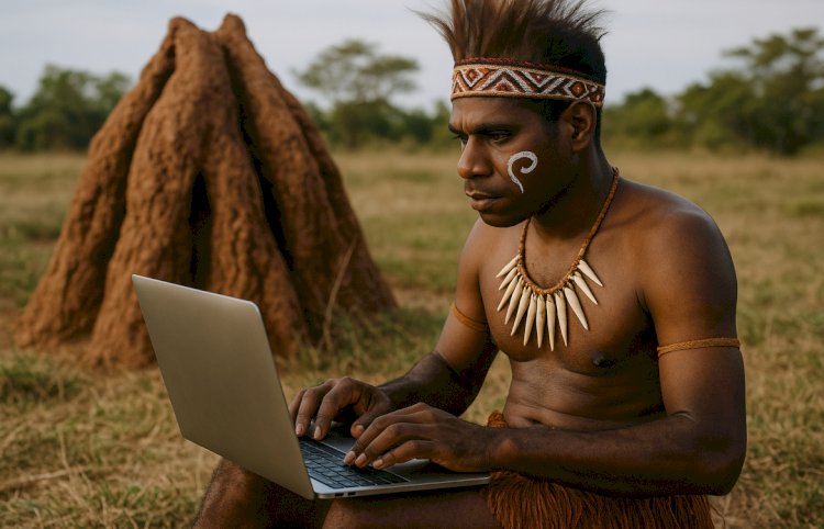 Seorang pemuda asli Papua Selatan dari Suku Marind duduk di depan sarang semut raksasa atau musamus, sambil menggunakan laptop di tengah hamparan padang rumput kering. 